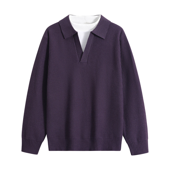 Women's chunky knit pullover with polo collar and V-neck Mune Fashion