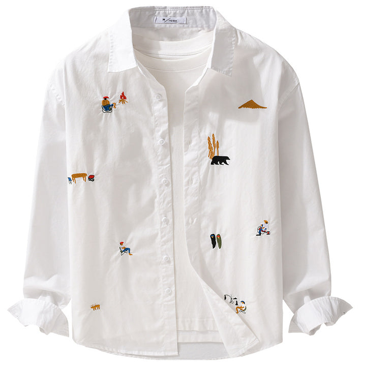 Men's Cotton Kent Collar Shirt with Fine Mini Embroideries in Relaxed Fit Mune Fashion