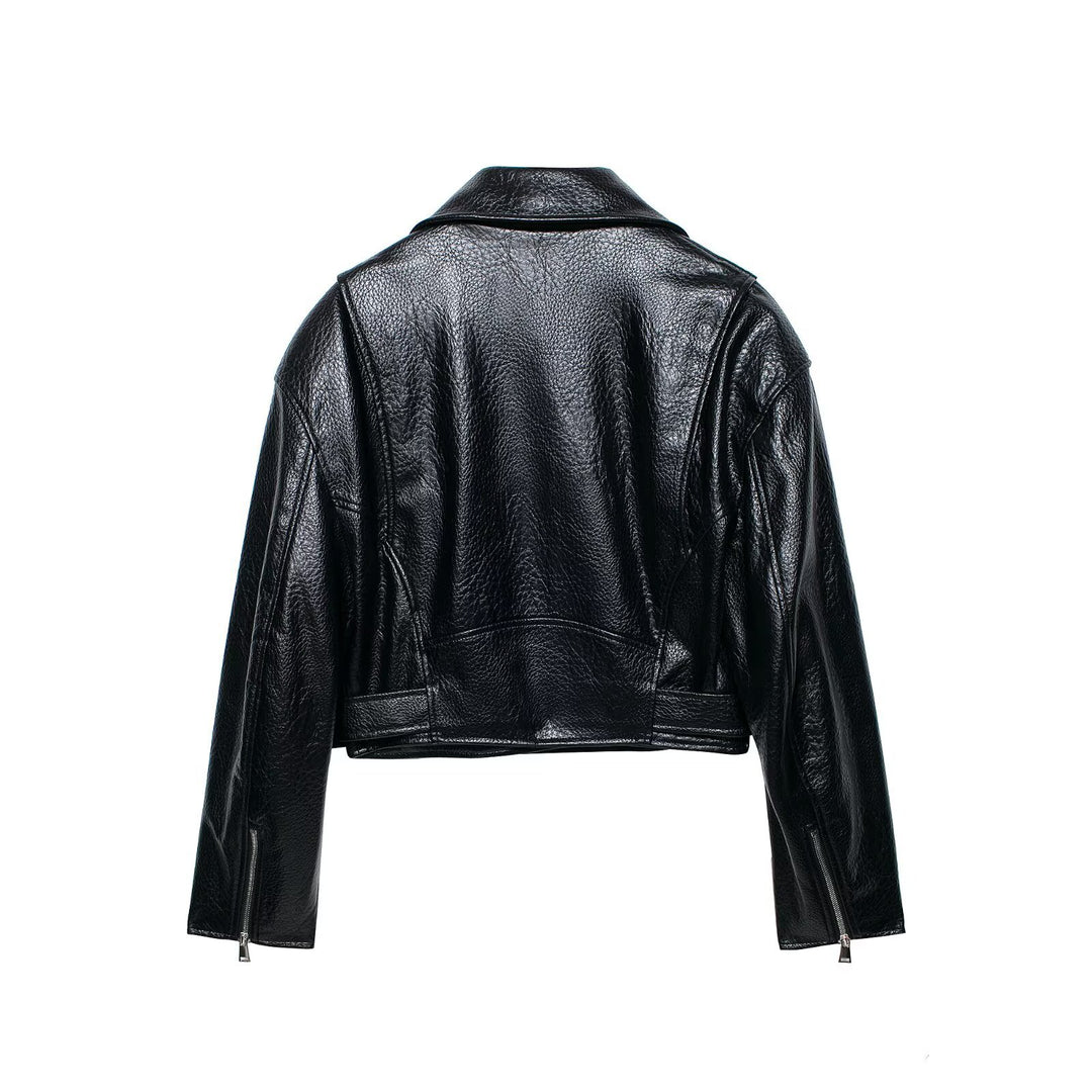 Women's short-cut biker leather jacket with fitted belt, asymmetrical zipper, and textured leather Mune Fashion
