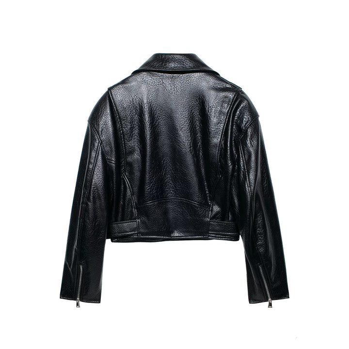 Women's short-cut biker leather jacket with fitted belt, asymmetrical zipper, and textured leather Mune Fashion