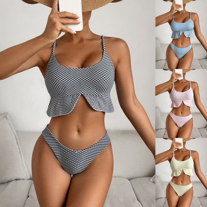 Women's versatile bikini with ruffles and check pattern Mune Fashion