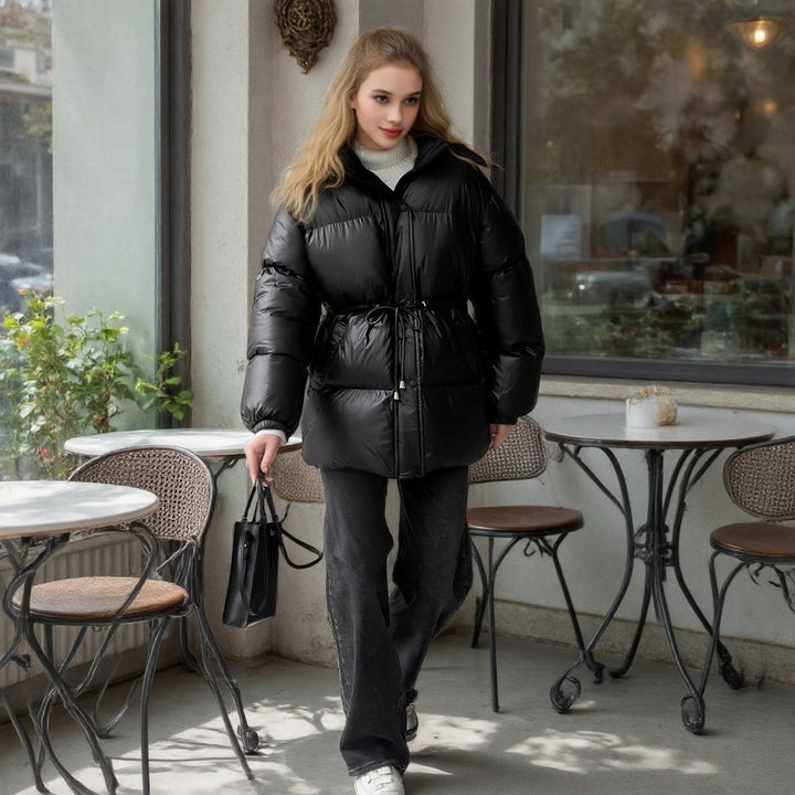 Women Tailored Quilted Jacket in Down Look with Drawstring and Hood Mune Fashion