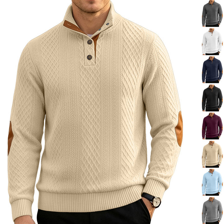Men's Cable Knit Jumper with Stand-Up Collar and Leather Look Elbow Patches Mune Fashion