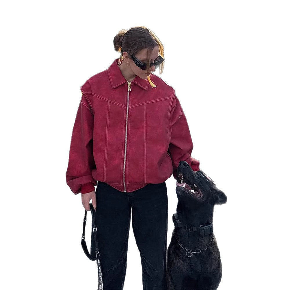 Women's Oversize Velvet Leather Blouson with Full-length Zipper and Structured Seam Design Mune Fashion