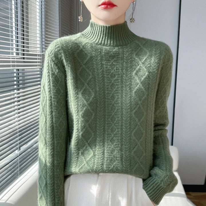 Women's cable-knit mock neck sweater with fine ajour detail and fluffy cashmere look Mune Fashion