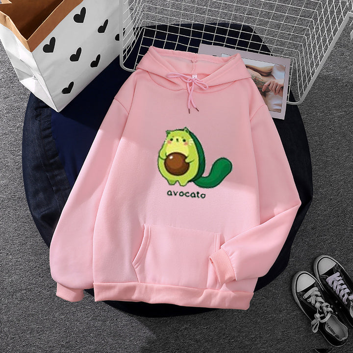 Women's oversized fleece hoodie with soft interior lining, kangaroo pocket and Avocato cartoon motif Mune Fashion