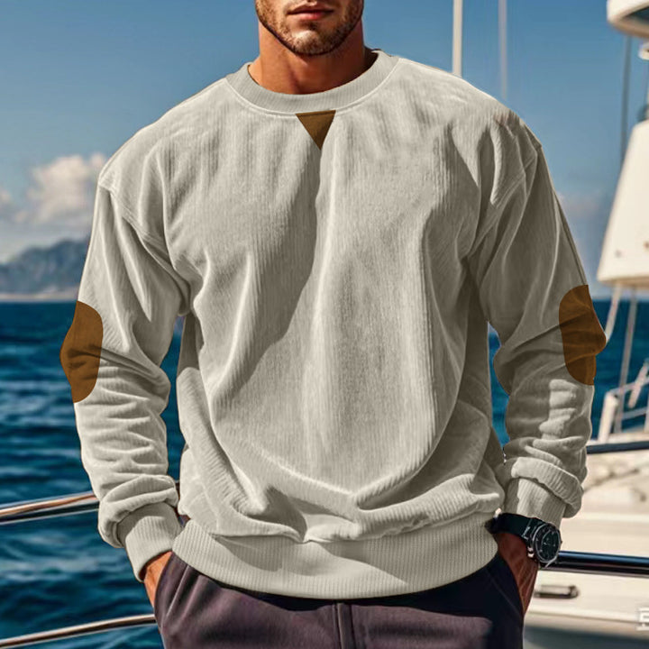 Men's ribbed knit sweater with round neckline elbow patches and decorative triangle Mune Fashion