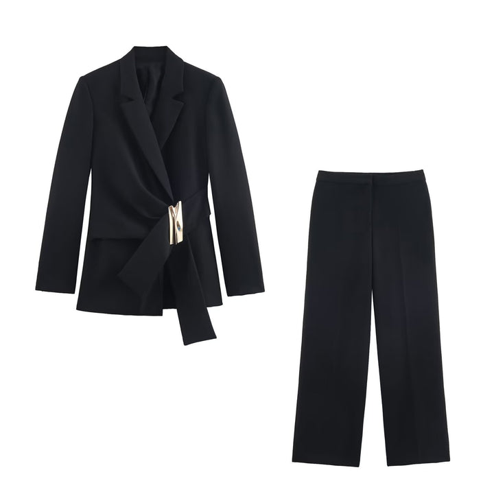 Women's Two-Piece Wrap Blazer and Palazzo Suit Set with Decorative Belt Mune Fashion