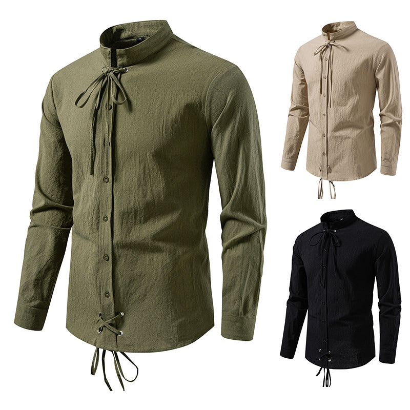 Men's Tailored Long Sleeve Shirt with Stand-Up Collar and Decorative Lacing Mune Fashion
