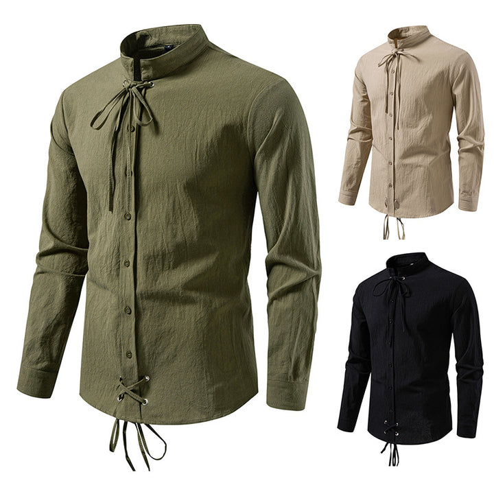 Men's Tailored Long Sleeve Shirt with Stand-Up Collar and Decorative Lacing Mune Fashion