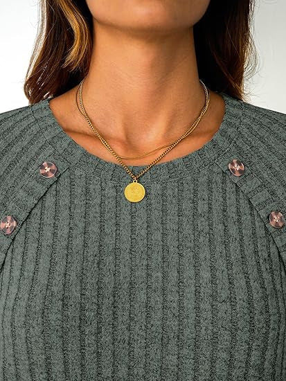 Women Ribbed Round Neck Sweater with Decorative Shoulder Buttons Mune Fashion
