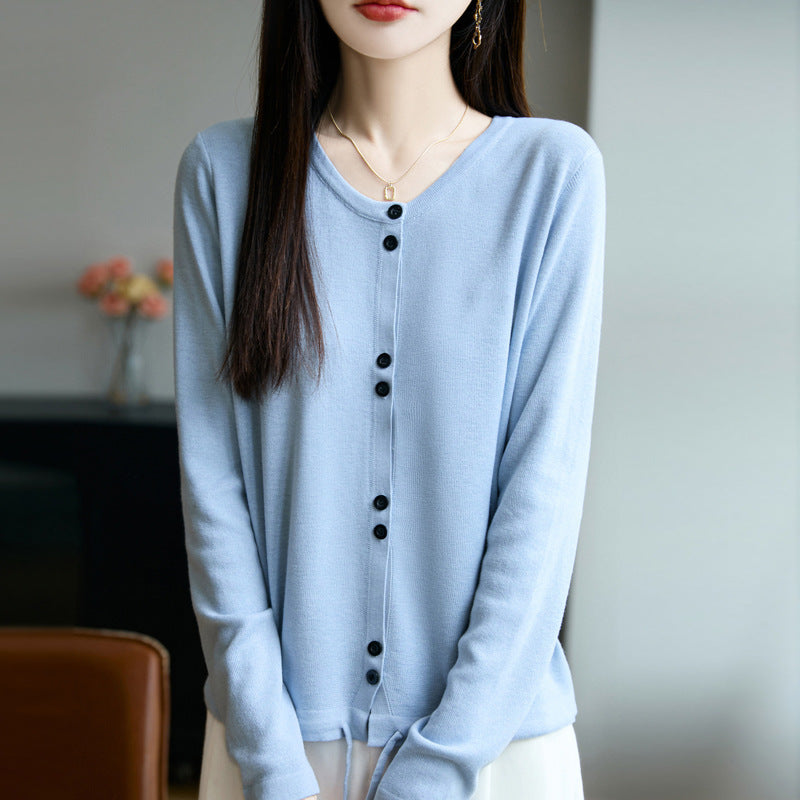 Women Lightweight Fine Knit Button Placket Cardigan with Round Neck Mune Fashion