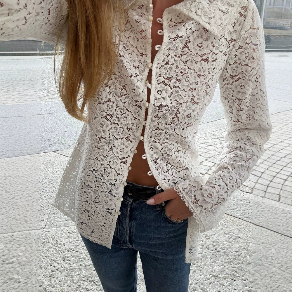 Women's lace blouse with floral lace, shirt collar and fabric ball button placket Mune Fashion