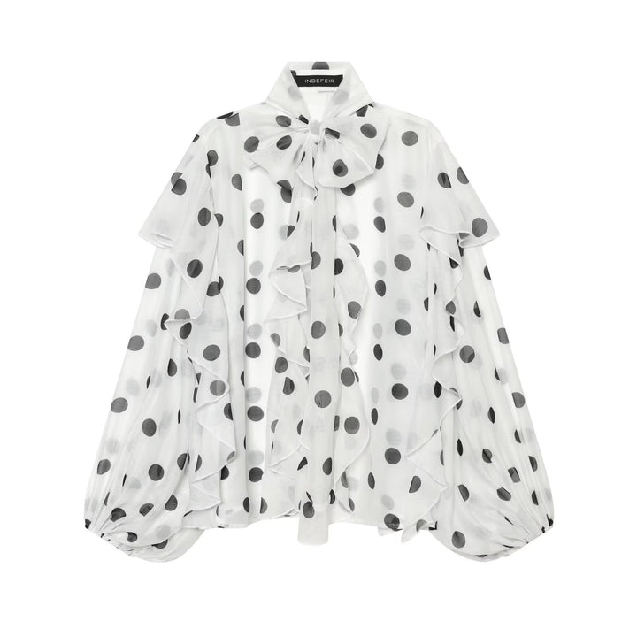 Women's Lightweight Chiffon Blouse with Ruffles, Bow Collar and Polka Dot Print Drune