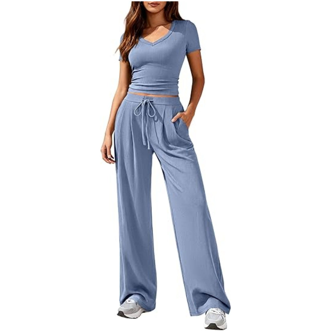 Ladies Casual Lounge Set with Tailored V-Neck Cropped Top and Loose Drawstring Pants Mune Fashion