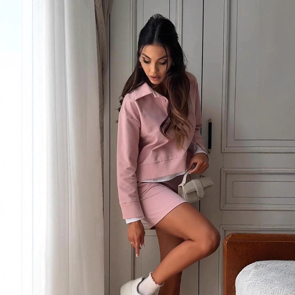 Women's Casual Two-Piece Sweatset with Shirt Collar, Cropped Pullover and High-Waist Bike Shorts Mune Fashion