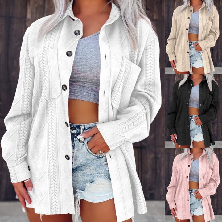 Women Oversize Knit Shirt Jacket with Cable Knit, Chest Pocket and Button Placket Mune Fashion