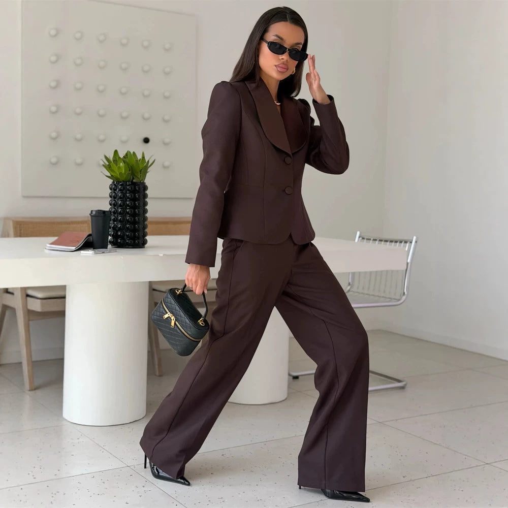 Women's Tailored Blazer with Oversized Shawl Collar and High-Waisted Wide Leg Pants Mune Fashion