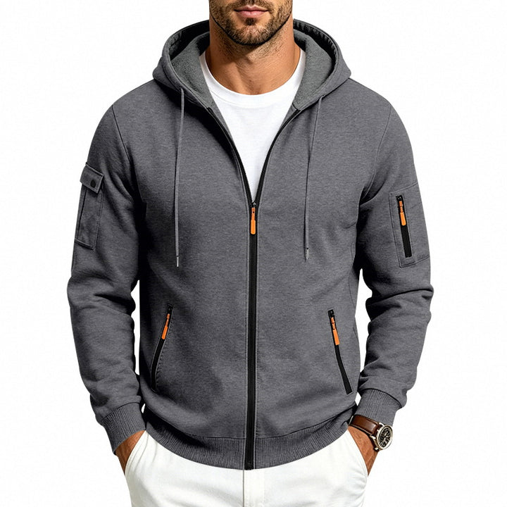Men's Hooded Zipper Jacket with Arm Pockets, Contrast Zipper and Ribbed Cuffs Mune Fashion