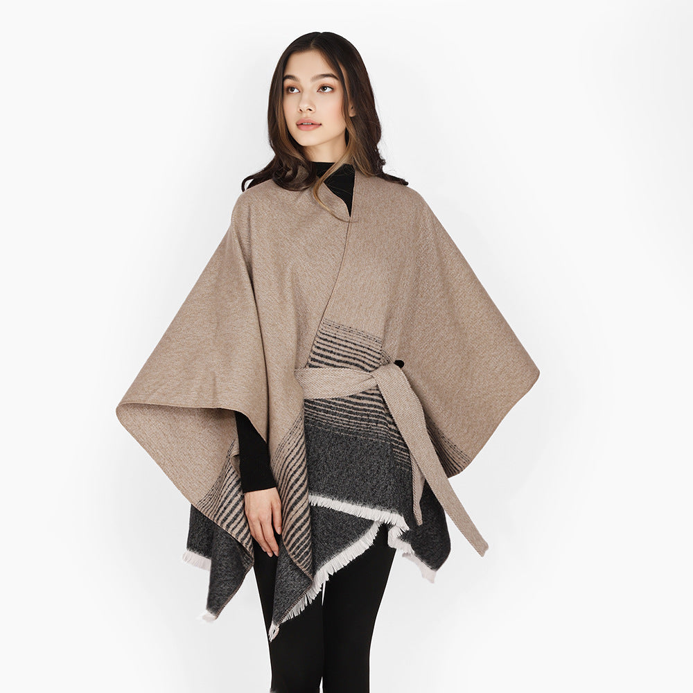 Ladies wrap poncho made of fine knit with tie belt and fringed hem Mune Fashion