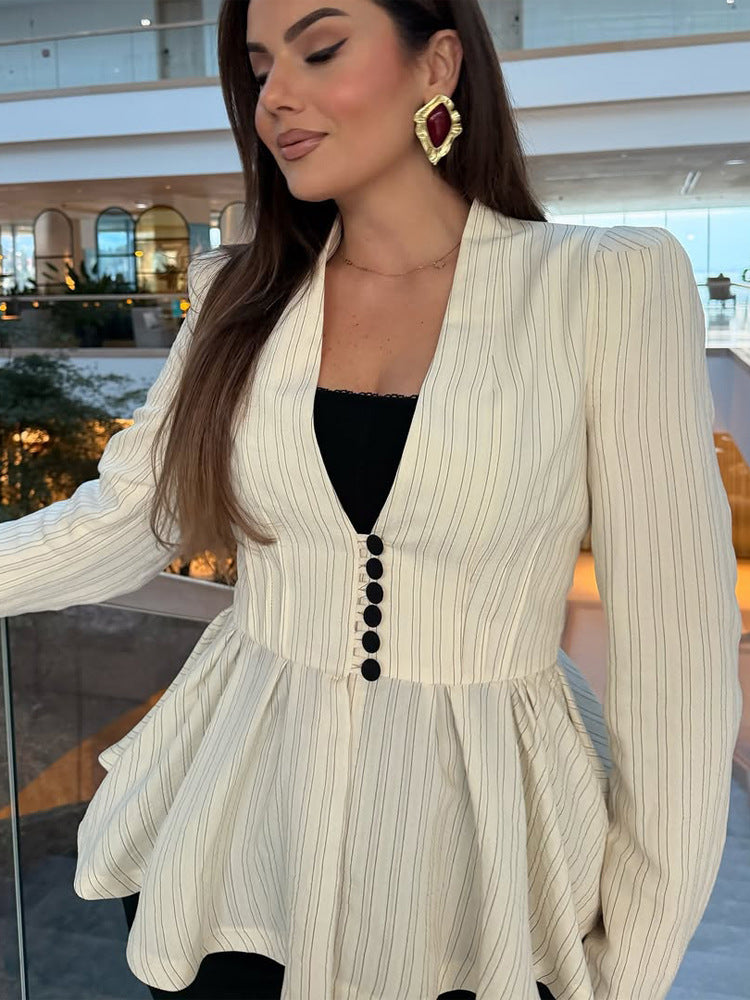 Women's Tailored Peplum Blazer with V-Neck and Decorative Button Placket Mune Fashion