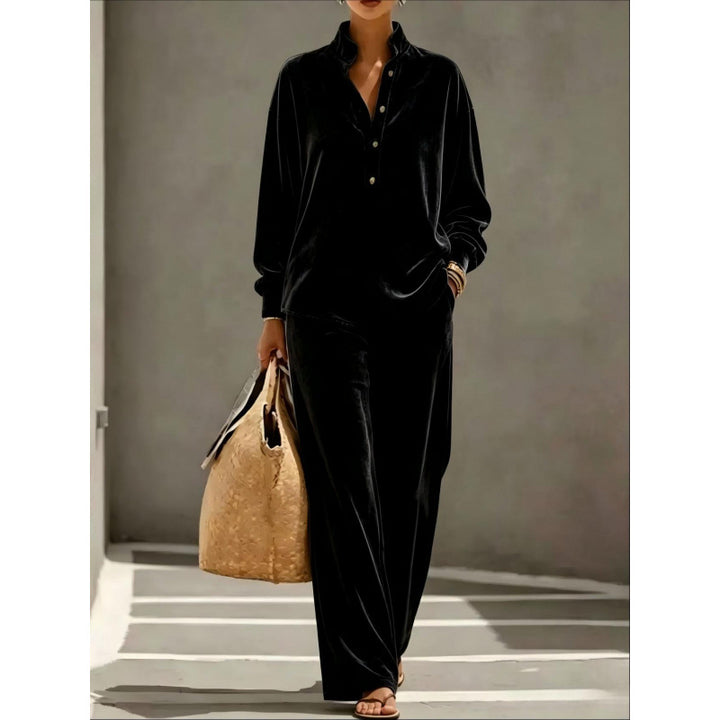 Ladies Velour Loungewear Set with Stand Collar Henley Top and Wide Palazzo Pants Mune Fashion