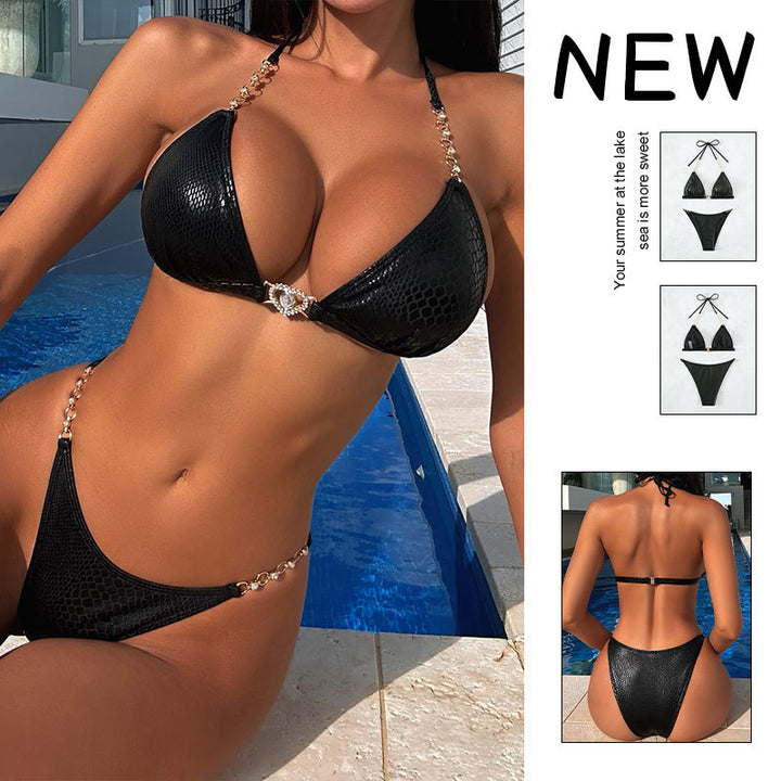 Women's triangle bikini with elegant snake print and golden accents Mune Fashion