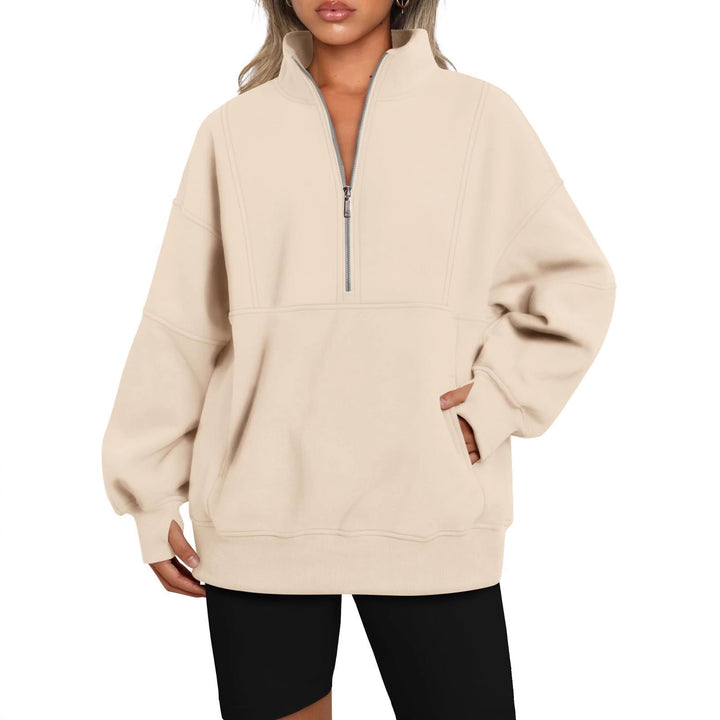 Women's Oversized Sweatshirt with Half Zipper, Stand-Up Collar and Kangaroo Pocket Mune Fashion
