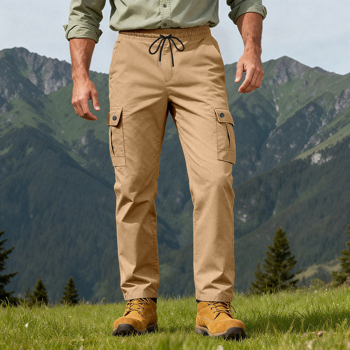 Men's outdoor cargo pants with elastic drawstring waistband and snap-button pockets Mune Fashion