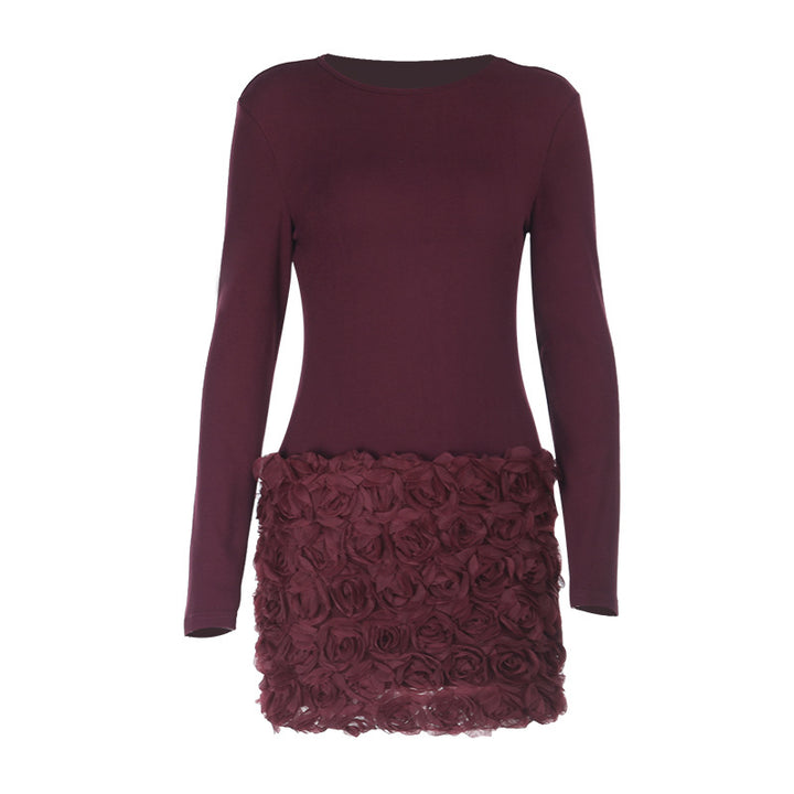 Women fitted long sleeve mini dress with 3D rose appliqué Mune Fashion