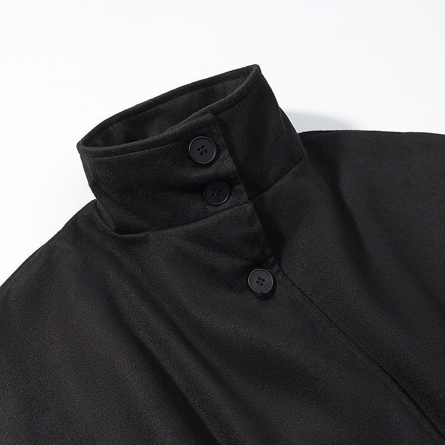 Women's short cape with stand-up collar, concealed button placket, and waist tie belt Mune Fashion