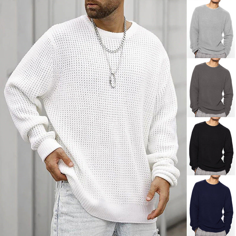 Men's Chunky Knit Crew Neck Sweater with Basketweave Pattern and Relaxed Fit Mune Fashion