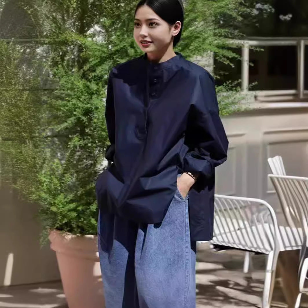 Women's boxy shirt with short stand-up collar, dropped shoulder, and extended back Mune Fashion