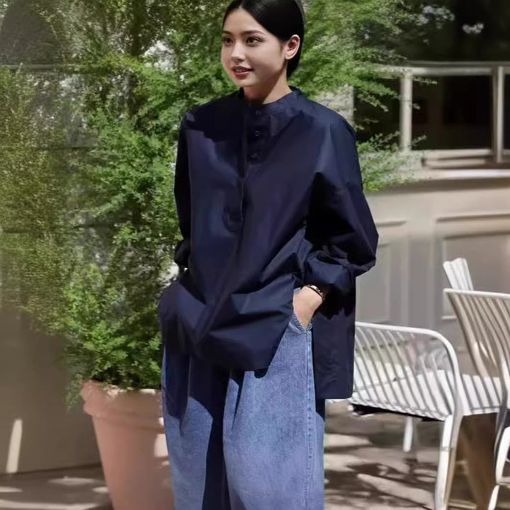 Women's boxy shirt with short stand-up collar, dropped shoulder, and extended back Mune Fashion