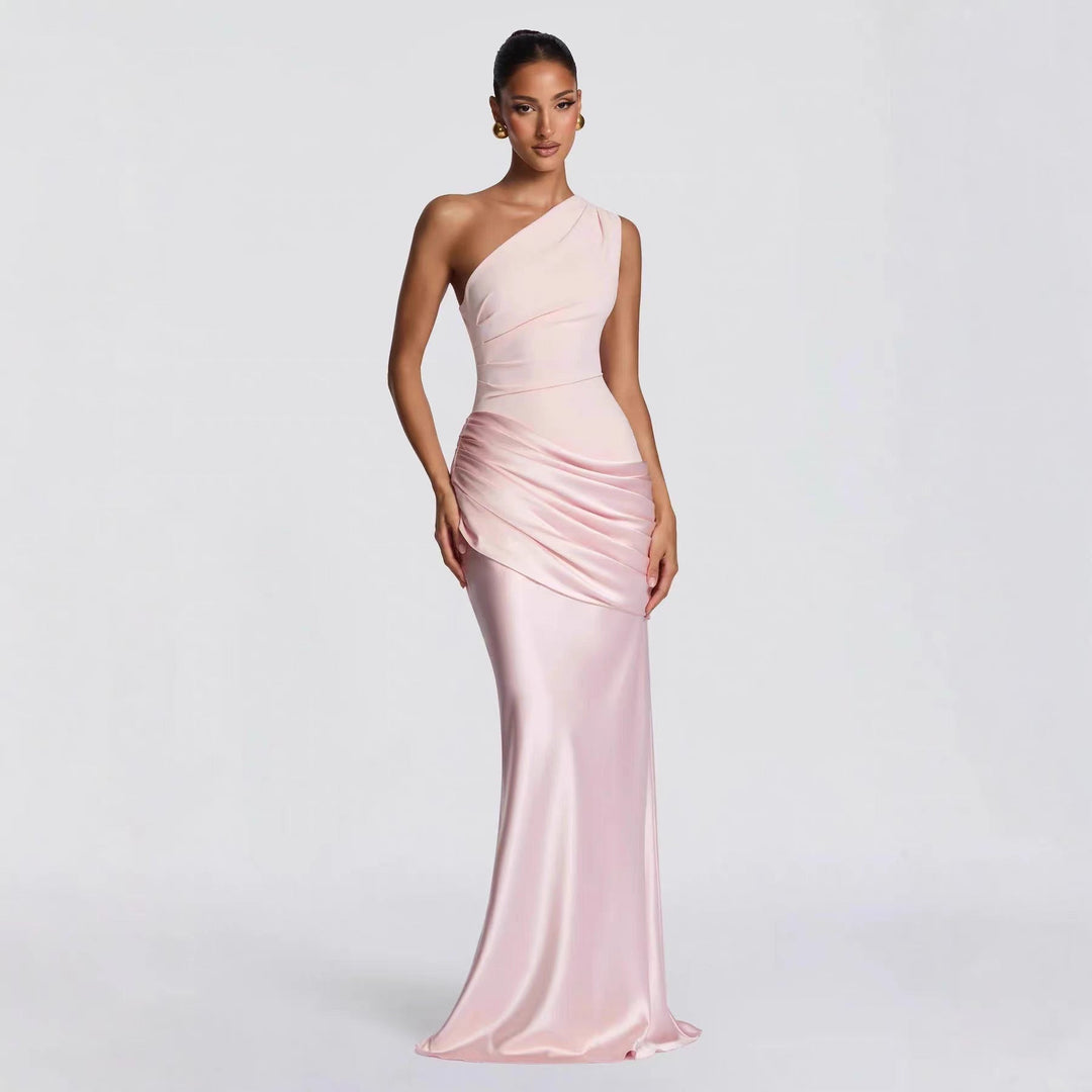 Women's elegant asymmetrical satin evening dress with drape design Mune Fashion