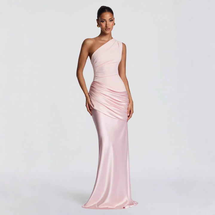 Women's elegant asymmetrical satin evening dress with drape design Mune Fashion