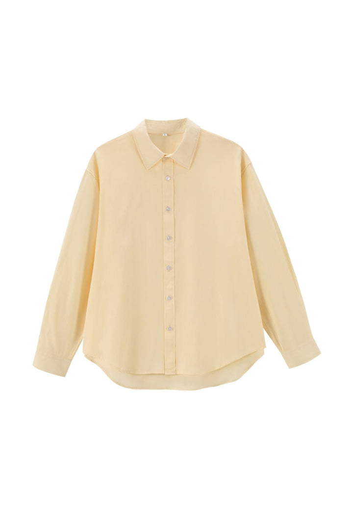 Women's Oversize Cotton Blouse with Kent Collar and Rounded Hem