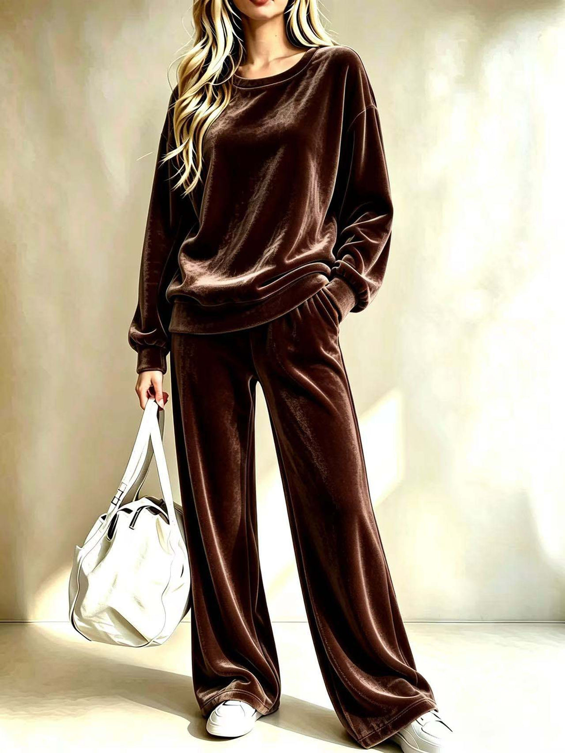 Women's Soft Velour Loungewear Set with Wide Leg and Round Neck Mune Fashion