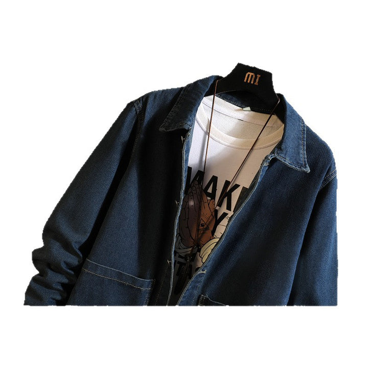 Men's long overshirt coat made of denim with snap button placket and patch pockets Mune Fashion