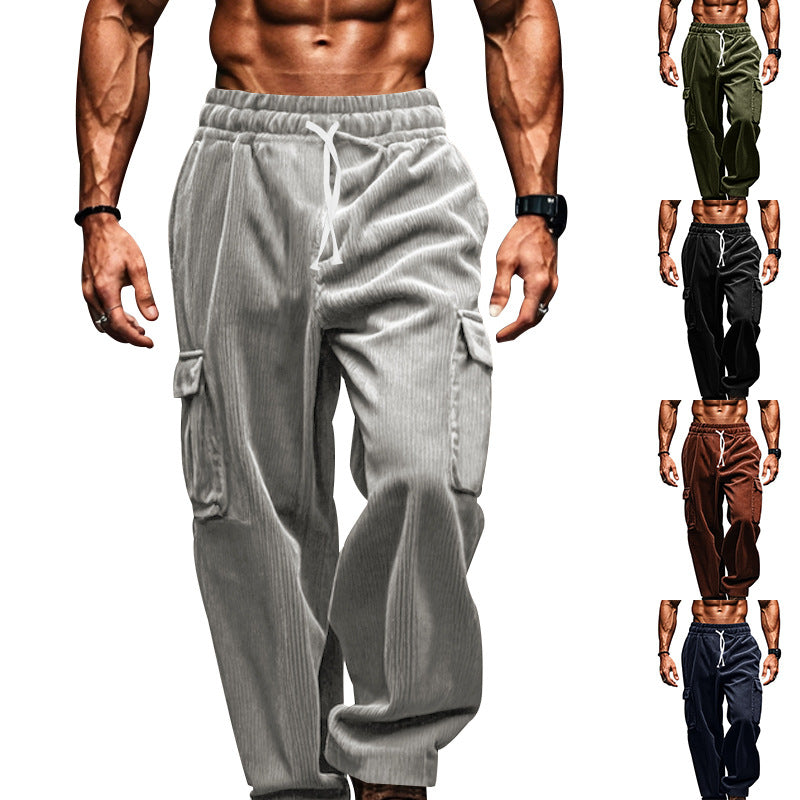 Men's oversized corduroy cargo pants with elastic drawstring waistband and multiple pockets Mune Fashion