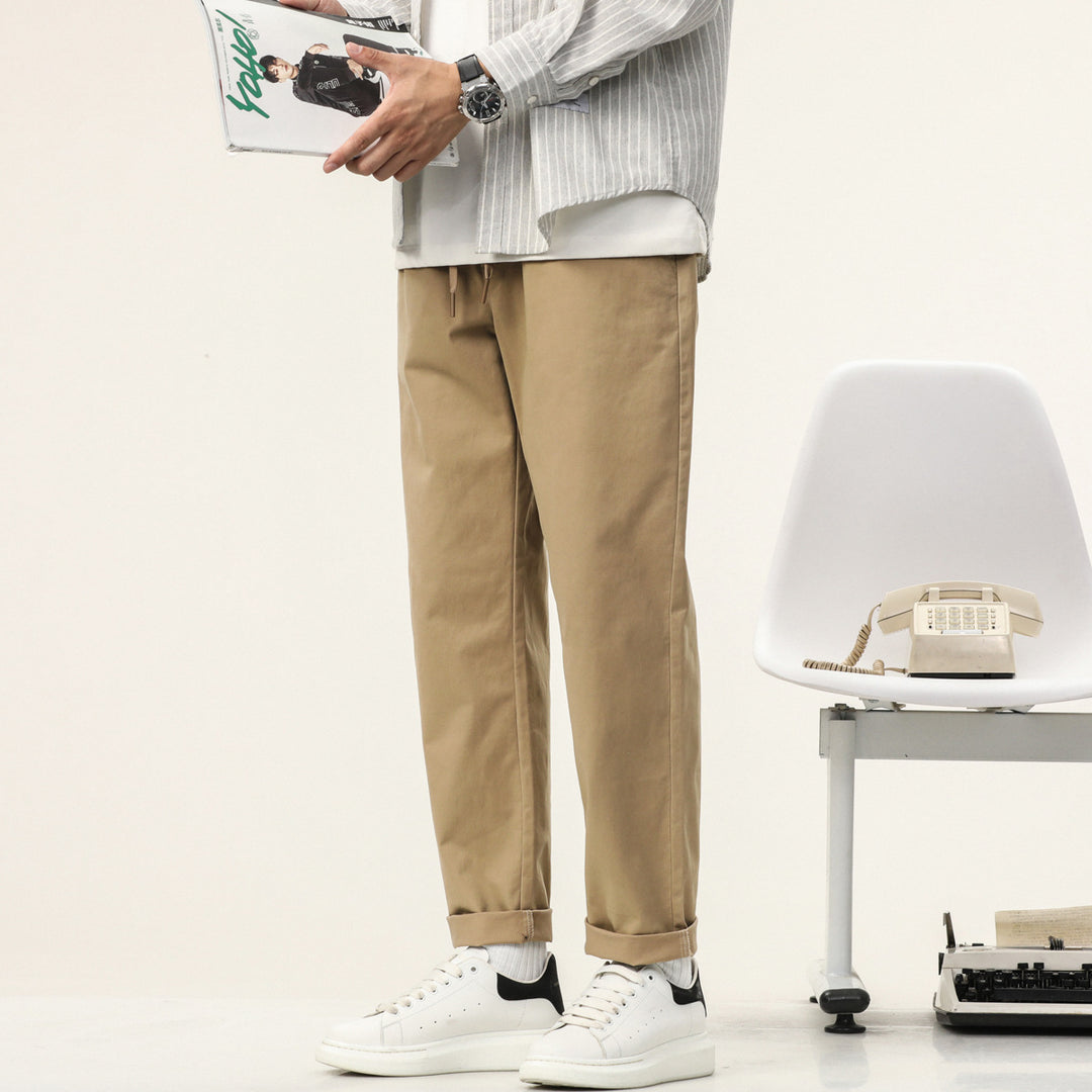 Men's Lightweight Cotton Blend Pants with Elastic Cord Waistband and Straight Leg Mune Fashion