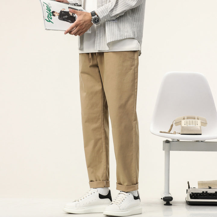 Men's Lightweight Cotton Blend Pants with Elastic Cord Waistband and Straight Leg Mune Fashion