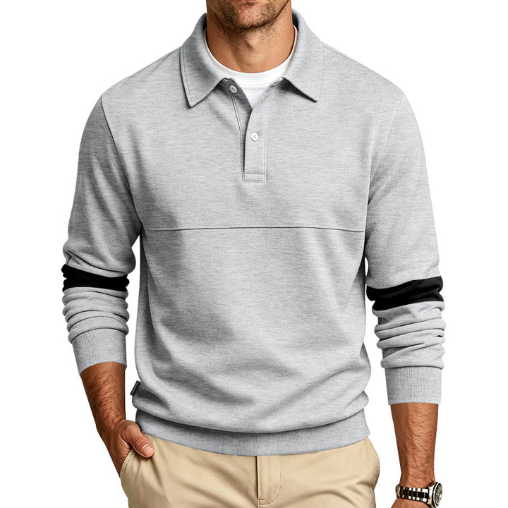 Men's Long Sleeve Polo Shirt Sweatshirt with Concealed Button Placket, Chest Seam and Contrast Stripes Mune Fashion