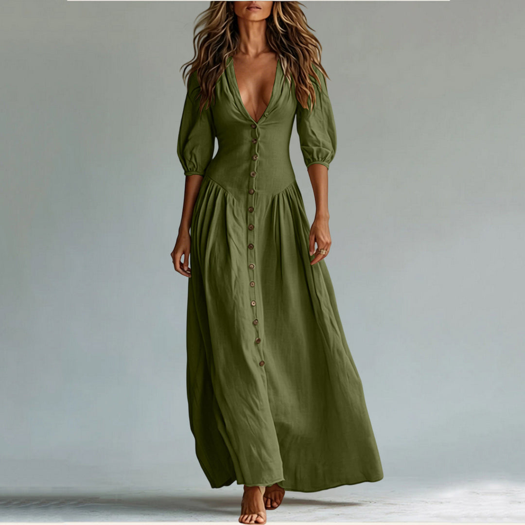 Ladies max dress with deep V-neck, button placket and balloon sleeves Mune Fashion