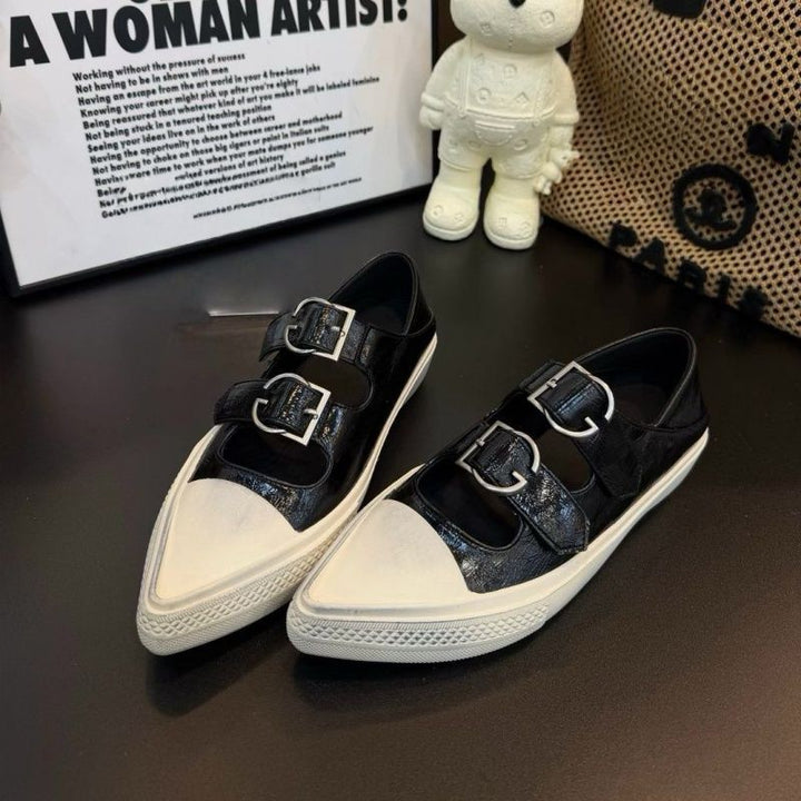 Women's pointed toe mule sneakers with double buckle straps and flat platform sole Mune Fashion