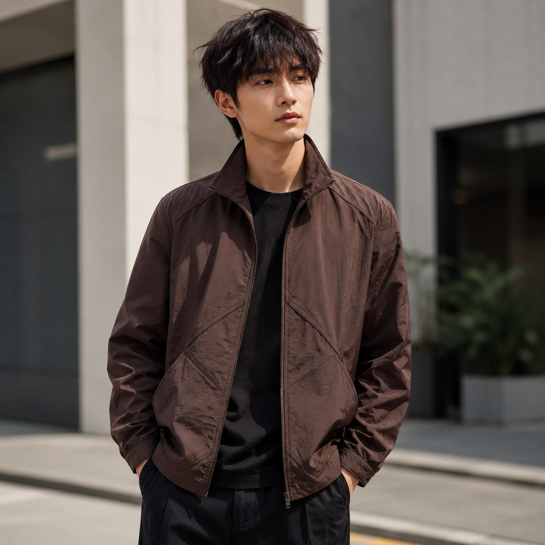 Men's Lightweight Windbreaker Outdoor Jacket with Stand Collar, Two-way Zipper and Concealed Pockets Mune Fashion