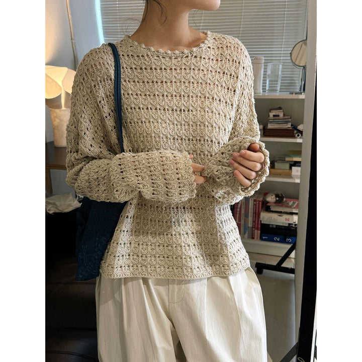 Women's Crocheted Oversized Openwork Sweater with Boat Neck Mune Fashion