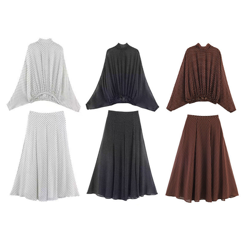 Women's Two-Piece Retro Polka Dot Set with Wide Batwing Top and Pleated Midi Skirt Mune Fashion