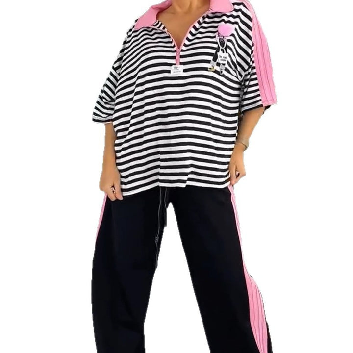 Women's casual two-piece polo lounge set with oversized stripes, pompom application, and contrasting side panels Mune Fashion