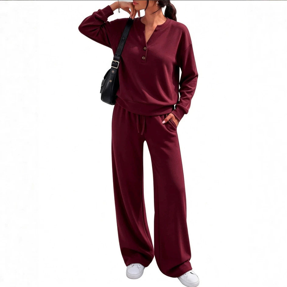 Ladies Lounge Set with Henley Collar and Palazzo Wide Jogging Pants Mune Fashion